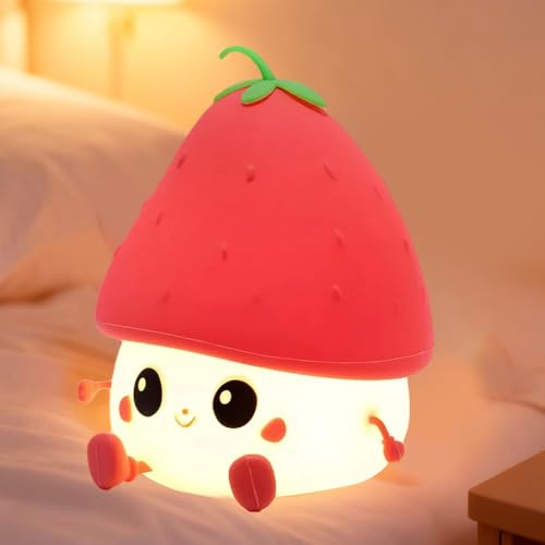 Lotvic Strawberry Night Light, Rechargeable Strawberry Nightlight with 3-Level Dimming and 30-Min Auto-Off Timer, Cute Silicone Bedside Lamp for Nursery, Bedroom Decor