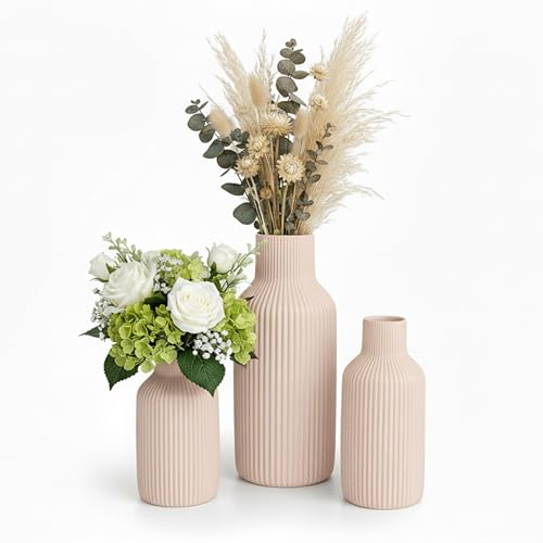 Relaxdays, Set med 3 blomvaser, 3 storlekar, för färska och torkade blommor, keramisk vas, beige