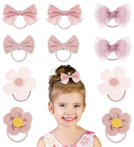 10Pcs Hair Bands for Girls, Bow & Flower Baby Hair Bobbles Elastic Toddler Ponytail Holders for Girl Kids Infants Toddlers (Pink)