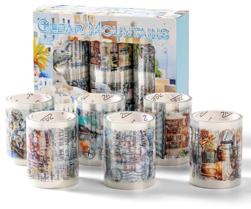 Set de 6 Cintas Adhesivas Decorativas PET Transparentes para Scrapbooking y Journaling, Pegatinas Aesthetic Vintage con Ciudades y Paisajes, Pegatinas para Agenda y Bullet Journal, Material Scrapbook