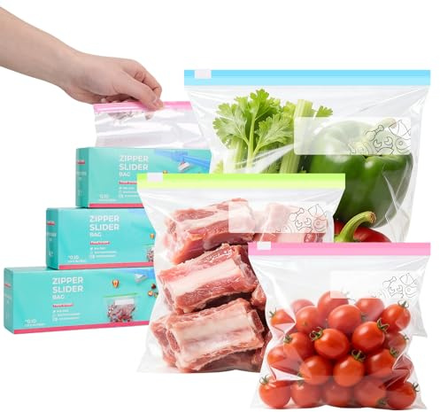 LUCKNIGHT 55 Piezas Bolsas Congelación, Bolsas Zip Reutilizables, Tres Tamaños de Bolsas con Cierre Hermético Expandibles para Almacenar Fruta, Verdura y Carne (Transparentes)