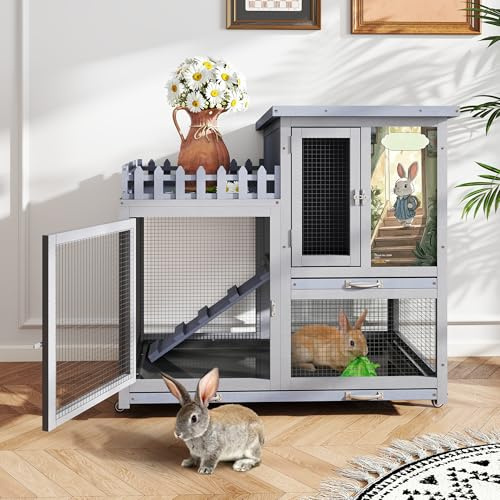 COZIWOW Indoor Rabbit Hutch on Wheels, 2-Level Wooden Bunny Cage Small Animal Houses with Removable Tray | Balcony | Waterproof Roof, Grey + Colorful Pattern