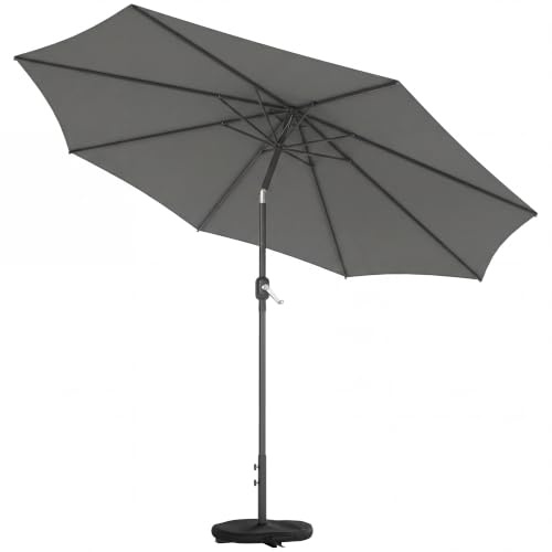 Outsunny Sombrilla Terraza Exterior de Jardín con Base, 3x3 m, Gris Oscuro | Bolsa de Arena, Manivela, Inclinación Ajustable, Costillas Retráctiles, Parasol para Patio, Terraza