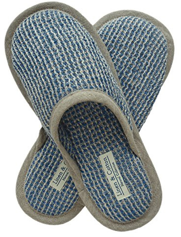 Linen & Cotton Chaussons de Bain de Luxe Hommes/Femmes TIGO, 100% Lin - Blue (43-44Eur)