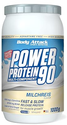 Body Attack Power Protein 90, budino di riso, 1 kg, 5K proteine in polvere con proteine del siero di latte, L-carnitina e BCAA per la costruzione muscolare e il fitness