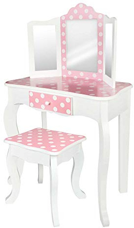 WOOMAX- Teamson 85388 Coiffeuse en Bois avec Tabouret et Miroir pour Fille, Centre de beauté avec tiroir, Jouets éducatifs pour Enfants de 3 Ans, Rose, M