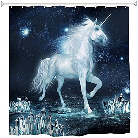 Oduo Duschvorhang 3D Einhorn Motiv, Duschvorhänge Wasserdicht Antischimmel Bad Vorhang Waschbar Badezimmervorhang Badewanne Vorhang mit 10-12 Duschvorhangringe (120x180cm,Sternenklarer Himmel)