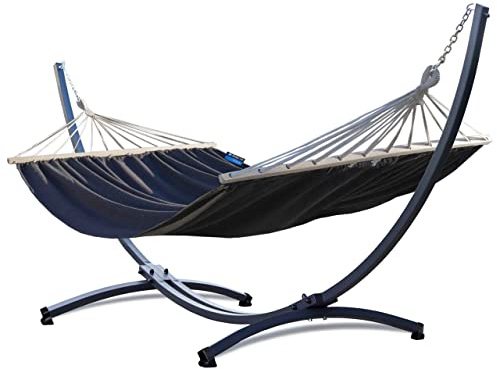 Potenza Outdoor Hängematte mit Gestell für 2 Personen I Stabhängematte XXL 220x160, 200kg I Hängemattengestell 220kg Wetterfest (Grau, Basic Gestell Graphit)
