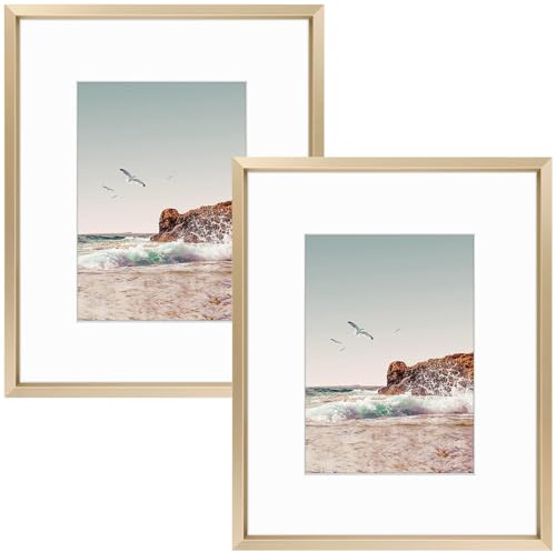 Frametory, 8x10 Metal Picture Frame with Mat for 5x7 Picture & Real Glass, Aluminum Photo Frame Collection (Gold, 2 Pack)