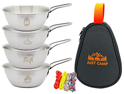 Pubgeer Camping Bowls 20oz (4 Pack) - Stackable Stainless Steel Bowl with Handles and Storage Bag | Outdoor Sierra Cup | Ideal for RV Travel, Camping, and Backpacking | Great Gift