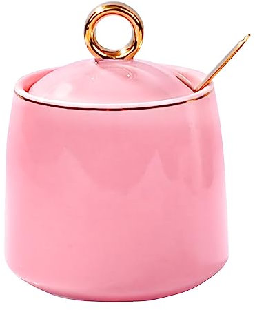 BOSILI Ceramic Sugar Bowls with Lid and Stainless Steel Spoon for Salt Spice Seasoning Kitchen Decor and Accessories Pink