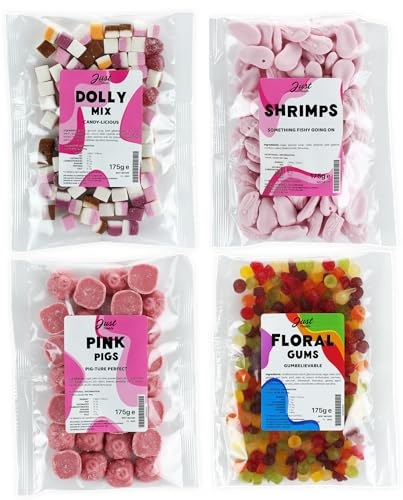 Just Treats Sweet Quartet - Pink Pigs, Squirrel Floral Gums, Candy Foam Shrimps, Dolly Mixture (4 x 175g Bags) - 7,11,24,26