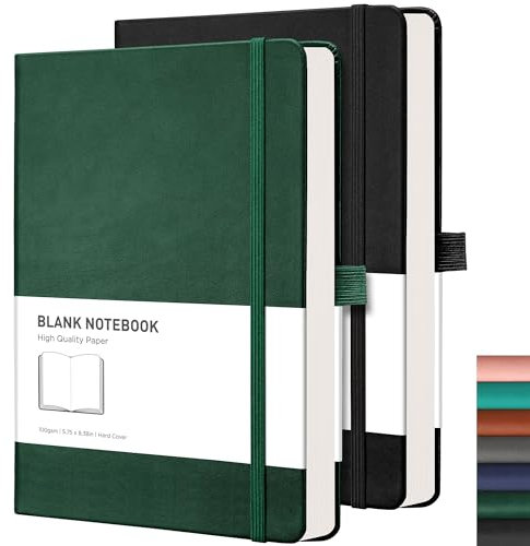 RETTACY Notizbuch A5 Blanko 2er Pack - 384 Seiten Unlined Notizbücher Mit 100gsm Blanko Papier, Stiftschlaufe, Innentasche, Für Skizzieren Schule Frauen Männer 14.5 X 21cm-Grün