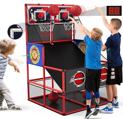 HYES 3 en 1 Jeux de Basketball Arcade Dual Shot pour Enfants avec 2 Fléchettes/Tableau de Bord électronique/Iumière LED, Panier de Basketball pour 2 Joueurs l'intérieur et l'extérieur