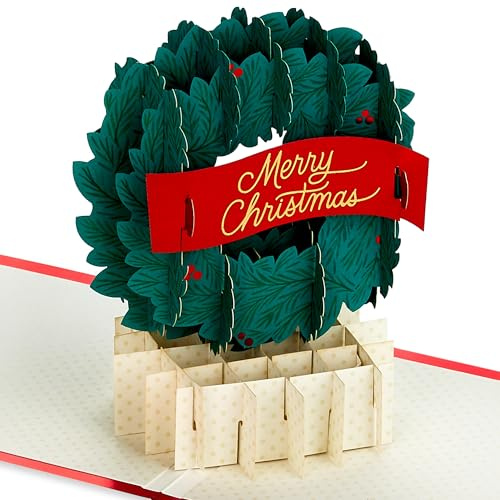 Hallmark Christmas Card, Festive Wreath Design, 3D and Pop Up Card, Christmas Wishes, Green, Red
