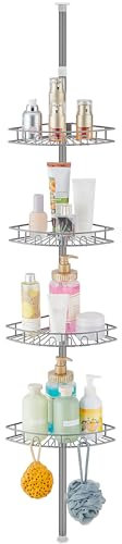 Hoomtaook Teleskop Duschregal, Duschablage Ohne Bohren Ecke Edelstahl Eckregal mit 4 Duschkorb, Teleskopregal Bad Höhenverstellbar 85-325cm für Badezimmer und Küche, Grau