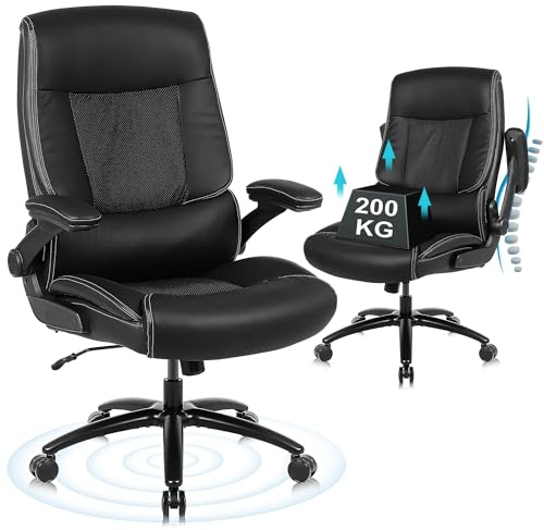 Youhauchair Executive Office Chair, Desk Chair with Flip-up Armrests, 200KG Computer Chairs for Heavy People, PU Leather Office Chairs for Home, High Backrest Ergonomic Office Chair, Black