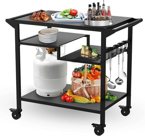 GT GETCO TECH Table de barbecue mobile à trois niveaux de 50,8 x 81,8 cm - Table de barbecue multifonction pour l'extérieur - Chariot de barbecue avec roues