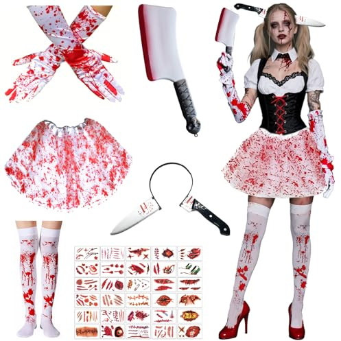 Werownsgso Halloween Blood Horror Costume Women's Set with Bloodstained Ballet Tutu Tattoo Stickers Machete Women's Costume Bloody Zombie Nurse Suitable for Halloween Carnival Role Play
