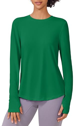 PINSPARK Long Sleeve Shirts for Women Moisture Wicking Workout Tops Soft Quick Dry Lightweight Rash Guard T-Shirts Running Golf Tennis, Green Large