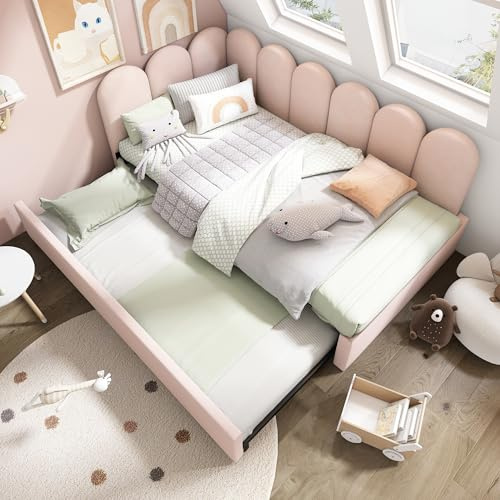 HaoChrymec Letto Daybed 90x200 in Velluto con Letto Estraibile 90x190, Divano Letto per Bambini con Rete a Doghe, Design Salvaspazio Adatto per Cameretta e Appartamento, Rosa, Senza Materasso