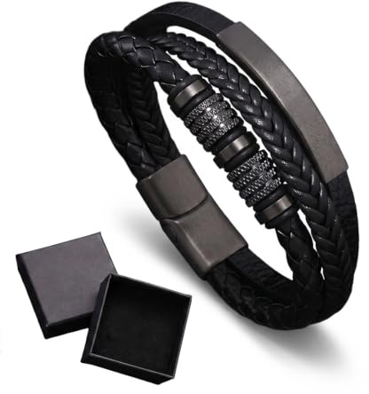 GWEOR Pulsera Para Hombre - Pulsera De Cuero - Pulseras Para Hombre - Brazalete De Cuero Negro - Regalo Para Hombre - Pulsera Ancha Trenzada De Cuero Con Cierre Magnético