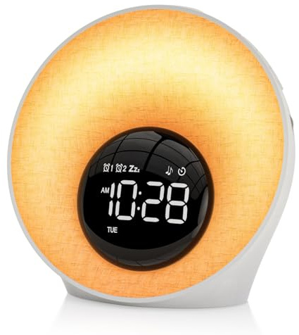 AFEXOA Dagsljusväckarklocka soluppgång väckarklocka för mjuk väckning, ljusväckarklocka med 2 larmtid, 7 larmtoner, 30 naturliga ljud, timer, RGB nattlampa, presenter till barn tonåringar och kvinnor