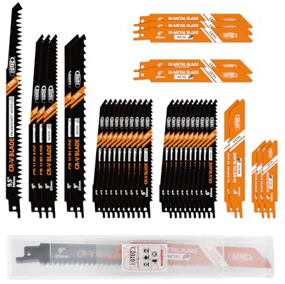 BGTEC Juego de 36 hojas para sierra sable, hojas de repuesto Cr-V/Bi-metal para poda de árboles, madera, metal y plástico, con estuche de plástico