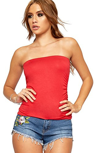 WearAll - Uni Bustier Bandeau Top ruché sans Bretelles Haut - Rouge - 36-38