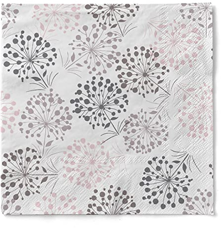 Sovie HOME Serviette ERNA in GRAU aus 3-lagigem Tissue, 33 x 33 cm, 1/4 Falz, 20 Stück, zarte Pustblumen auf weißem Hintergrund, elegant, floral, Einweg