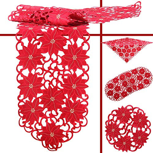 Quinnyshop Weihnachtsstern Poinsettie Winter Stickerei Tischdecke Deckchen ca. 30 cm Rund Polyester, Rot