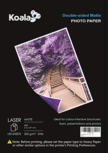 KOALA Double Sided Matte Laser Photo Paper A4, 200gsm, 100 Sheets. Suitable for Laser Printer, for Printing Photos, Brochures, Covers, Certificates, Booklets, Flyers, Leaflets, Cards, Calendars