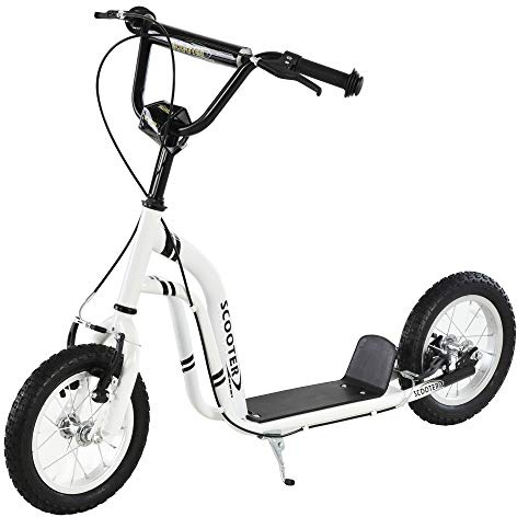 HOMCOM Trottinette Enfants, Grandes Roues pneumatiques 12 Pouce en Caoutchouc, Charge 100 kg, Trottinette Tout Terrain avec Double Freins, Hauteur réglable et béquille latérale, 5 à 12 Ans, Blanc