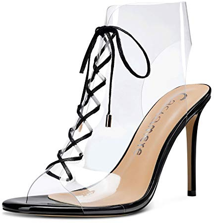 Castamere Femme Mode Sandale Transparent Lacets Aiguille Talon 10CM High Heels Noir Chaussures EU 37.5