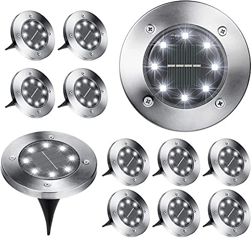 BrizLabs 12 Stück Solar Bodenleuchten für Garten, 8 LEDs Solarleuchten Außenleuchte LED Solar Gartenleuchten Wasserdicht Kaltweiß Solarlampen für Außen Rasen Auffahrt Gehweg Patio Terrasse