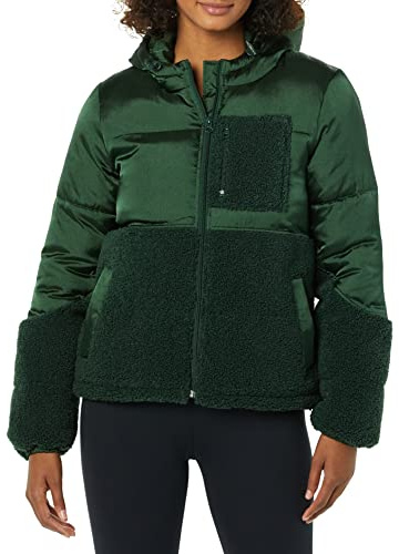 Amazon Essentials Piumino da donna in pile Sherpa con cappuccio e zip intera, verde scuro lucido, XL