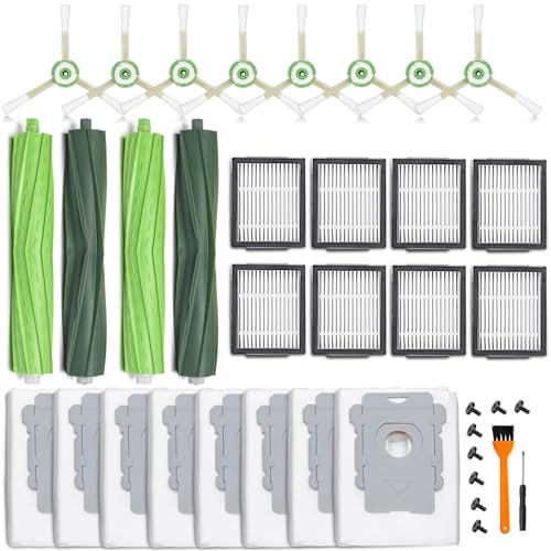 26 Ersatzteile für iRobot Roomba i7 i7+ i3 i3+ i4 i4+ i6 i6+ i8 i8+ j7 j7+/Plus E5 E6 E7 Roboter-Staubsaugerzubehör, 2 Gummiwalzenbürsten für verschiedene Oberflächen, 8 Filter, 8 Seitenbürsten, 8