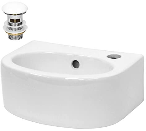 ECD Germany Lavabo Vasque en Céramique Blanc 335x255x130 mm Ovale, Bonde Incluse en Céramique/Acier INOX, Trou pour Robinet à Droite, Lave-Main Évier à Poser ou Suspendu de Salle de Bain Toilette