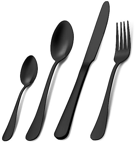 Cutlery Set, Pleafind 16 Piece Matte Black Cutlery Set, Service for 4, Stainless Steel Flatware Set, Matt Black Knife and Fork Sets, Silverware Set, Dishwasher Safe