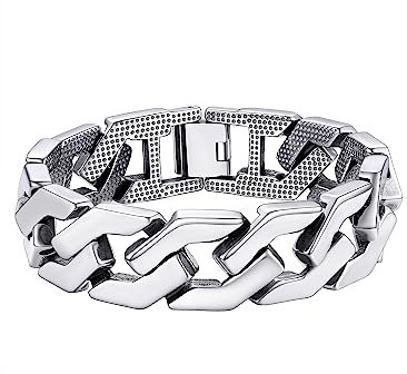 PROSTEEL Gourmette Homme Argent 19cm, Chaîne Bracelet Homme Acier Inoxydable Gros Maillon 16mm, Link Chain Bracelet