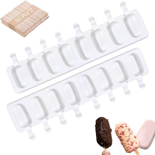 Atsmoce® 2 Pcs Stampi per Gelato Silicone a 8 Cavità, Stampi per Ghiaccioli in Silicone, Formine Ghiaccioli Riutilizzabile, Facile da rilasciare, BPA Free, con 100 Bastoncini di legno (8 Cavità)