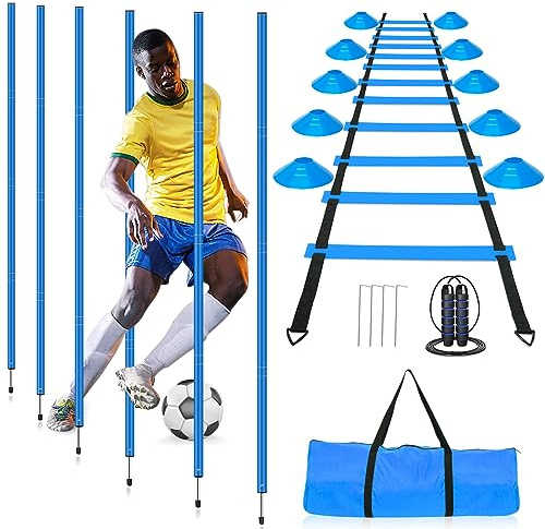 HOTOOLME Soccer Agility Training Poles Set - Includes 6 Agility Poles, 20ft Agility Ladder, 10 Soccer Cones, Jump Rope for Speed Training, Soccer Training, Basketball Athletes