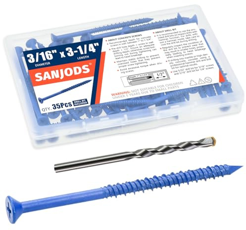 SANJODS 3/16 x 3-1/4 Concrete Screw Anchor, Blue Flat Head Screws for Anchoring to Masonry, Brick, Block, Cement or Stucco (Pack of 35)