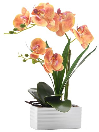 FuleHouzz Artificial Real Touch Orchid Flowers in Pot Fake Phalaenopsis Flower with White Ceramic Vase Faux Orchids Arrangement for Home Table Office Wedding Party Decoration (Orange)