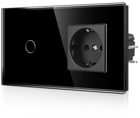CNBINGO Touch Lichtschalter und Steckdose mit Krallen – Schuko Steckdose unterputz - einfach Wandschalter mit LED Status und Glas Panel – 1 Fach - Schwarz