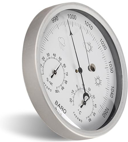 NASSMOSSE Barómetro 3 en 1 de 5.2 pulgadas, medidor de presión barométrico, barómetro mecánico con agujero para colgar, barómetro transparente, termómetro higrómetro para interiores y exteriores,