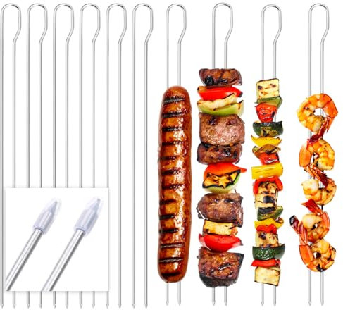 com-four® 10x Grillspieße mit Griff - 30 cm BBQ Doppelspieß aus rostfreiem Edelstahl 430 - Schaschlikspiesse mit Doppelzinken zum Fixieren von Fleisch, Fisch, Gemüse (10 Stück – Edelstahl oval)