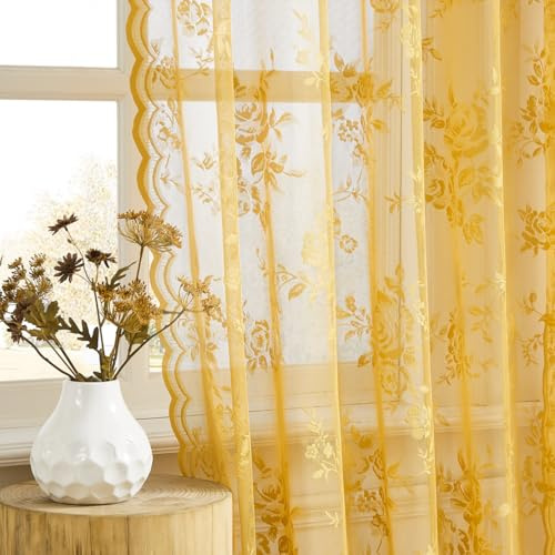Golden Yellow Lace Curtains 84 Inches Long 2 Panels Country Flower Sheer Curtains for Bedroom Living Room Neutral Fall Decor Rod Pocket Light Filtering Drapes for Casual Halloween Autumn, 52x84