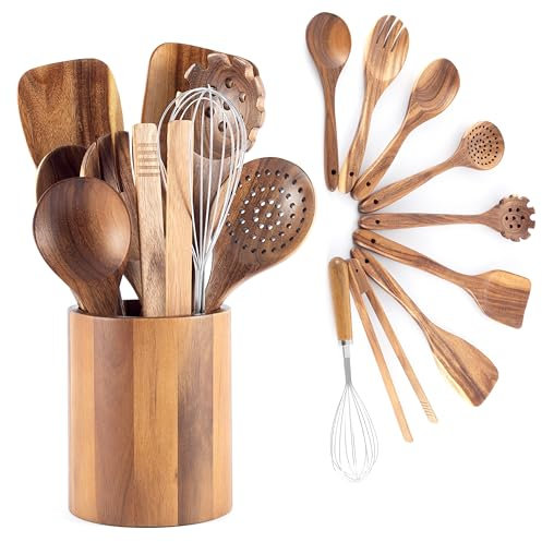 Hanseküche Küchenhelfer-Set aus Holz - Grillzange, Schneebesen, Pfannenwender, Holzlöffel und Nudelschöpfer (9er Set)