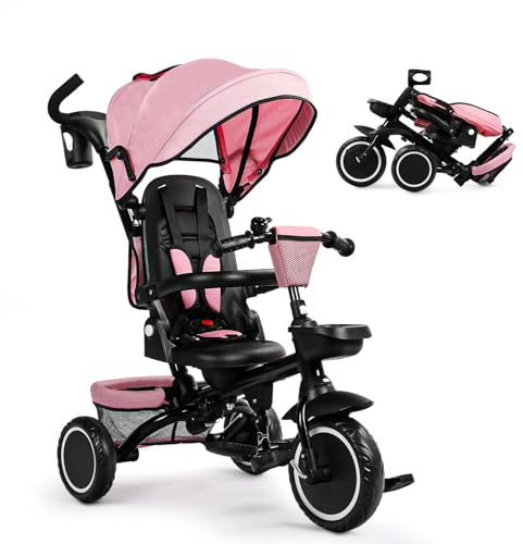 TODEFULL Folding Kids Tricycle, 8 in 1 Toddler Trike W/Removable & Adjustable Canopy, Parent Handle, 5-Piont Harness, Toddler Bike Tricycle for Kids 1-6 Years, EVA Wheels, Storage Basket, Pink